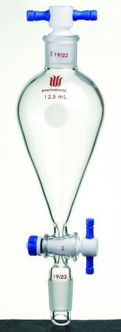 Synthware<sup>TM</sup> Squibb-style separatory funnel with standard taper joints, PTFE stopcock and PTFE stopper