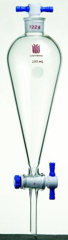 Synthware<sup>TM</sup> Squibb-style separatory funnel with PTFE stopcock and PTFE stopper