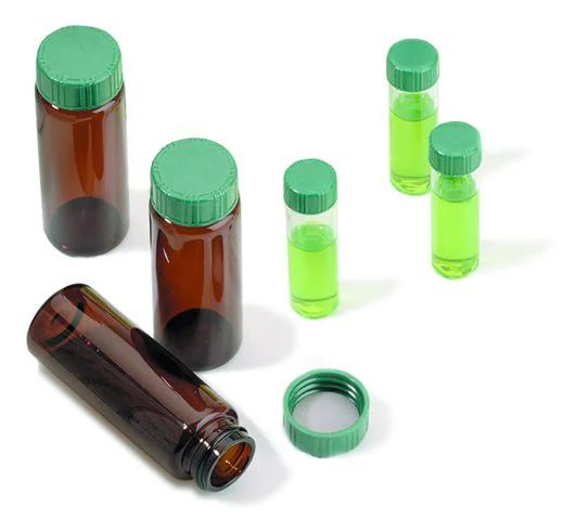 Vials, screw top with solid green Thermoset cap with PTFE liner, preassembled, pkg of 100